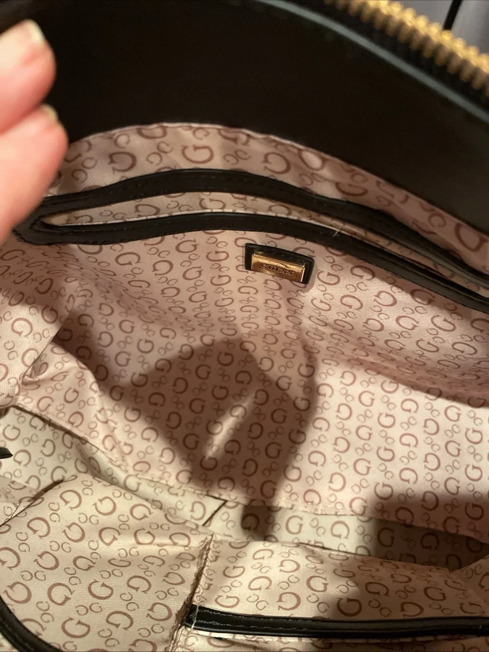 GUESS Black Embossed Logo Satchel with Gold Hardware